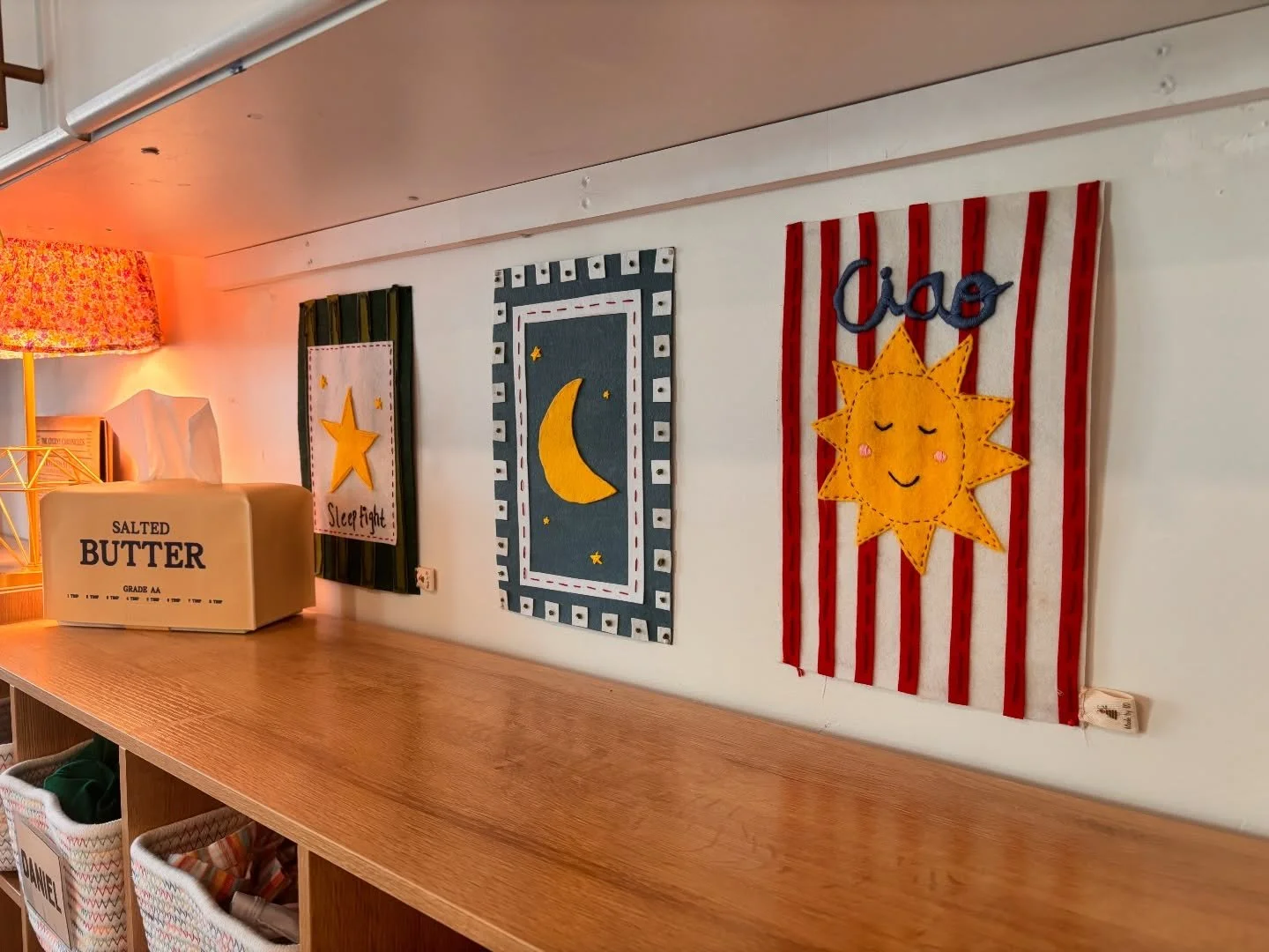 Making things for people is my love language! So creating sweet handmade details for my daycare kids to enjoy fills my heart! &hearts;️ I sewed some felt art, made a cutie lamp shade from an old dress, sculpted an outer space shadow box, painted bubb