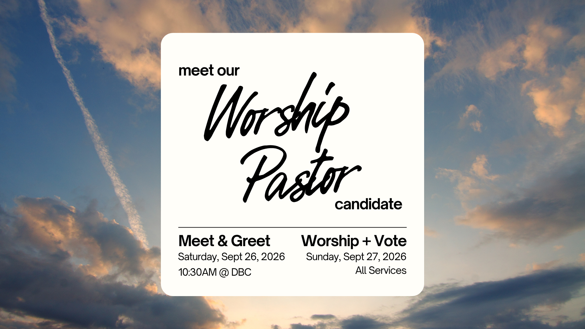 Last week, Pastor Cesar shared the exciting news that we have prayerfully found our potential next Worship Pastor! He and his family will be visiting us “in view of a call.” Our Executive Team and our Personnel Team invite you to join us Saturday, Se