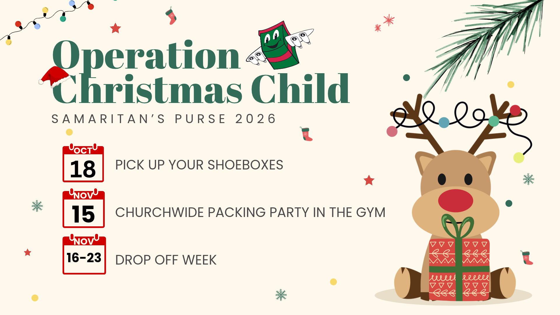 Make sure you grab your shoeboxes to fill! Then make plans to join us for a Packing Party on November 15 at 5pm in the gym. We also have plenty of spots available to help with our drop off week! Click the graphic above to register to volunteer. 