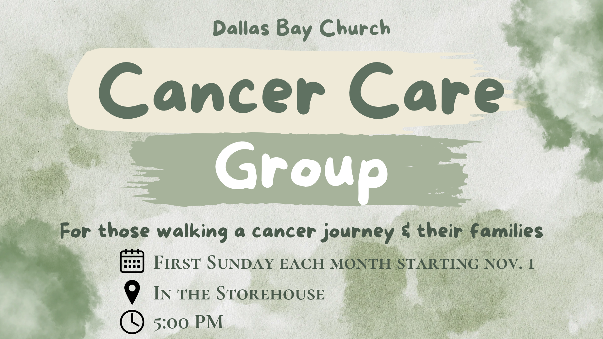 Are you or someone you know walking through a cancer diagnosis of any kind? DBC will be starting a cancer support group to pray for, encourage, and serve each other through these seasons. We'll meet once a month on the first Sunday at 5PM in the Stor