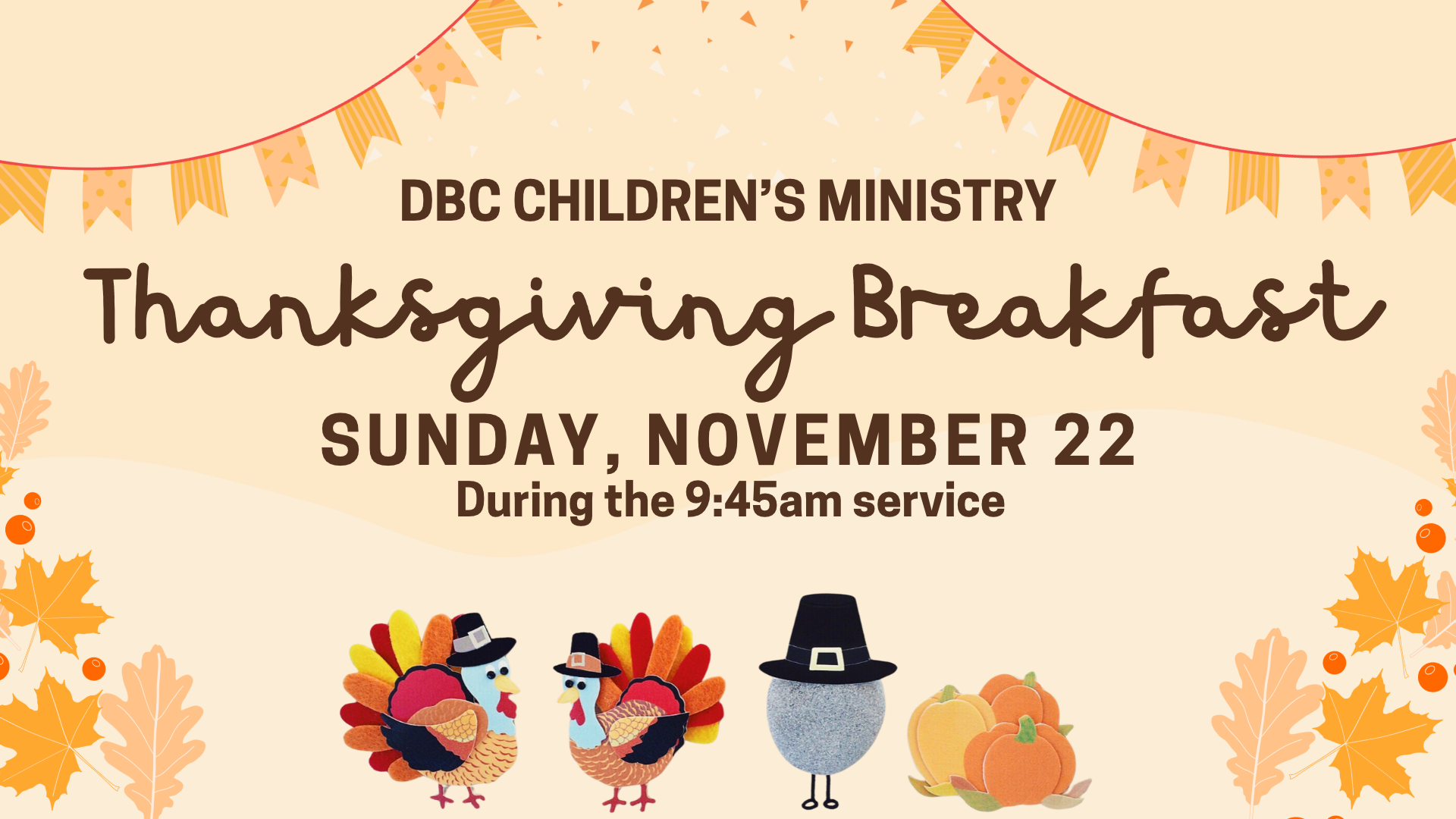 We're excited to celebrate Thanksgiving with our Preschool and our Children on November 22! Preschool will have breakfast during 8:30 & 9:45 hour, Children will celebrate during 9:45! We are so grateful for our kids at DBC!
