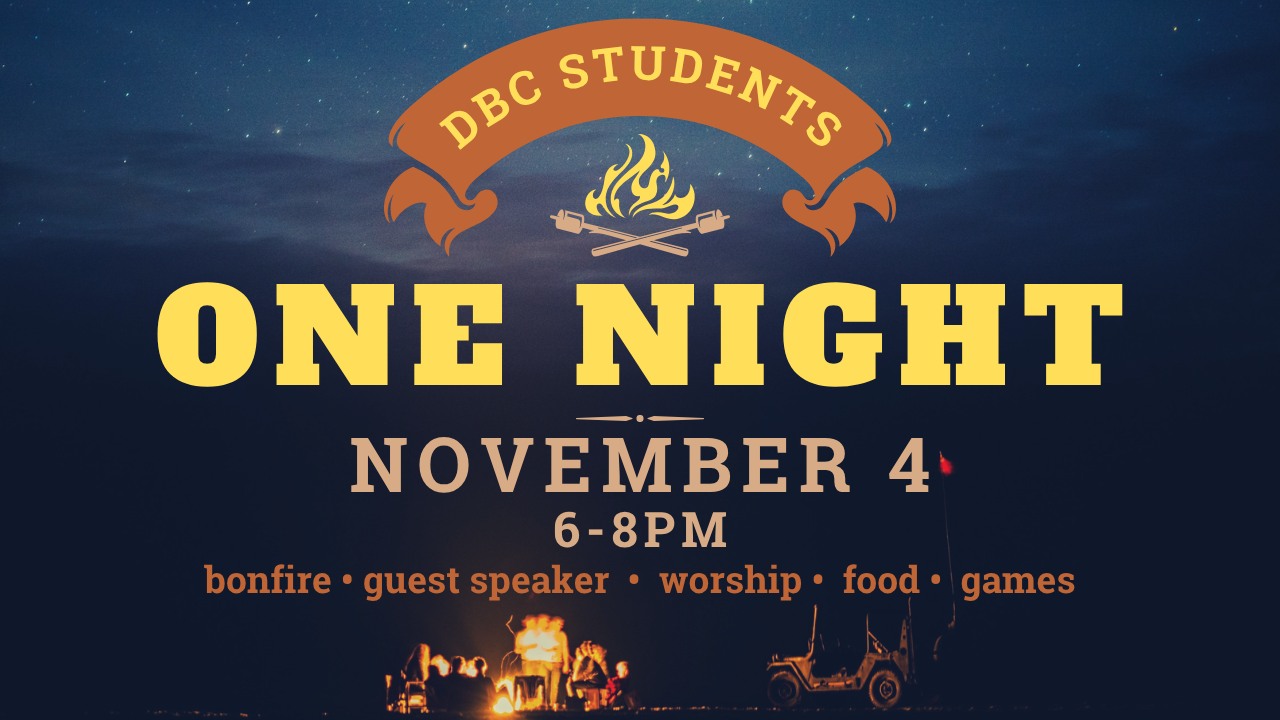 EPIC Bonfire loading...
We're so excited for our Fall One Night for our students out in the field on November 4! Grab a friend and bring them for food, games, worship, and fun! See you then!