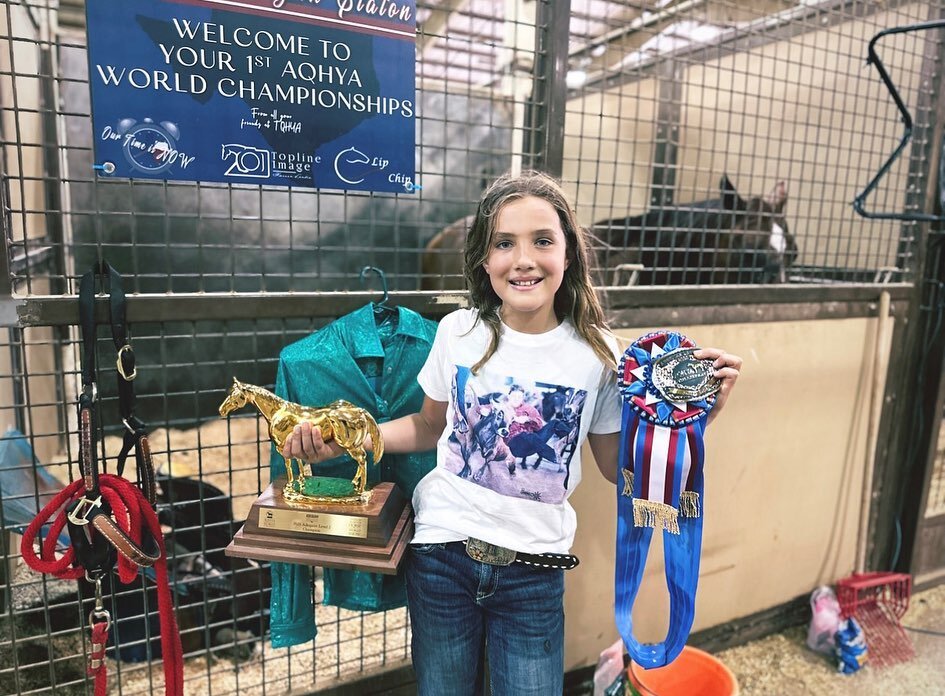 And in her new 3P tee with her PawPaw on it! 
#Repost from @amyekatherinestaton
&bull;
Our girls Margaret Ryan and Tadpole (KN Fabulous Lady Luck) won the @officialaqhya World Show Barrels today! This mare means so much to our family&hellip; one more