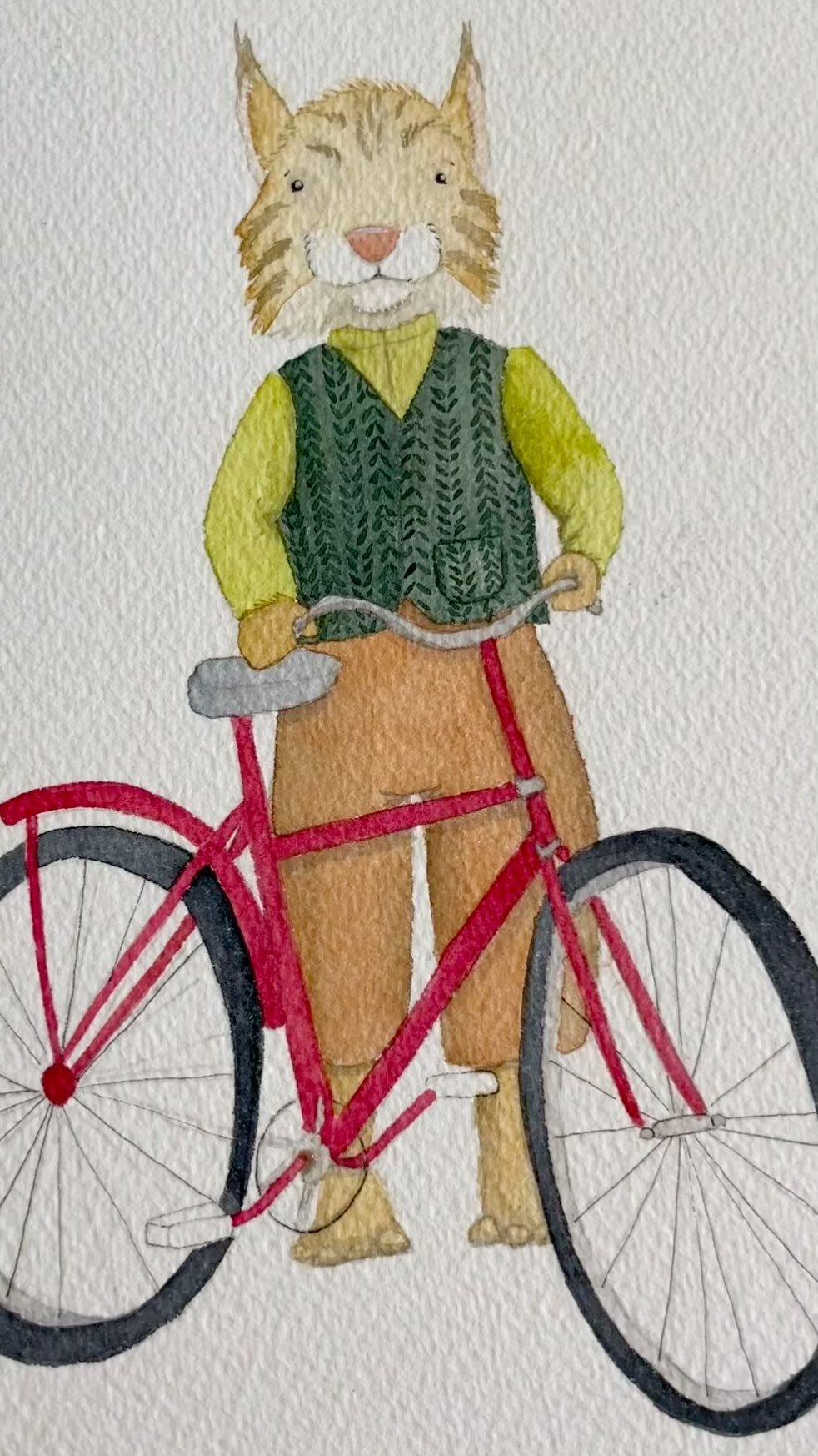 I&rsquo;ve never considered myself very good at drawing man made objects, so I&rsquo;ll take this painting of Robbie and his bicycle as a win!
#FoxHollowTales #kidlitart #childrensillustration #bobcat