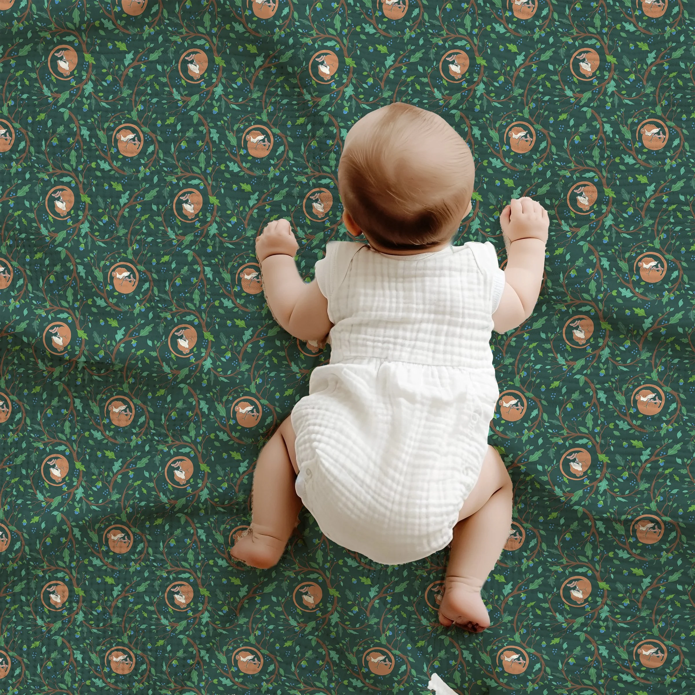 Custom Wholecloth Baby Quilt - Whimsical Forest Mouse on Emerald Green, Cottagecore Woodland Nursery Blanket, Handmade 100% Cotton, 5-6 Week Delivery