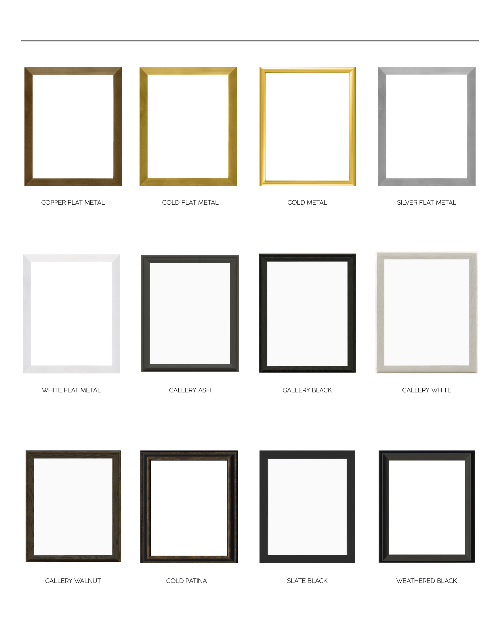Assorted picture frame styles and finishes, including copper, gold, silver, white, black, ash, walnut, gold patina, slate, and weathered finishes.