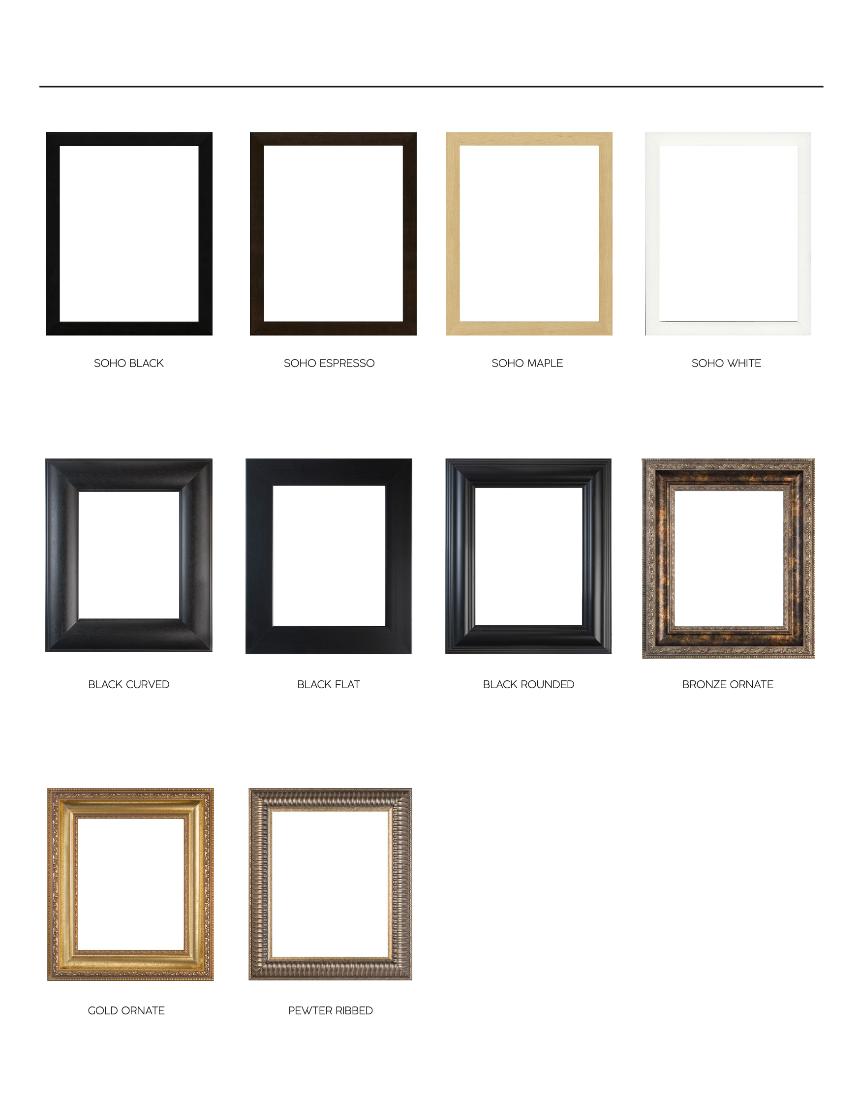 Various picture frame styles including Soho black, espresso, maple, white; black curved, flat, rounded; bronze ornate; gold ornate; pewter ribbed.