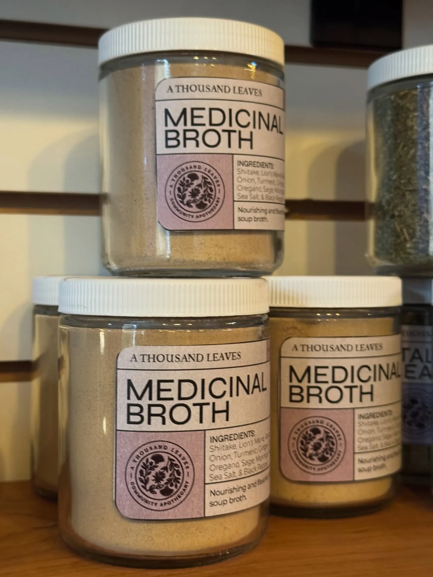 Our medicinal broth powder made in house includes medicinal mushrooms, nourishing herbs, and spices that make it not only delicious but super immune supportive! You can use it on its own as a base for soups or get creative and add other vegetables. 
