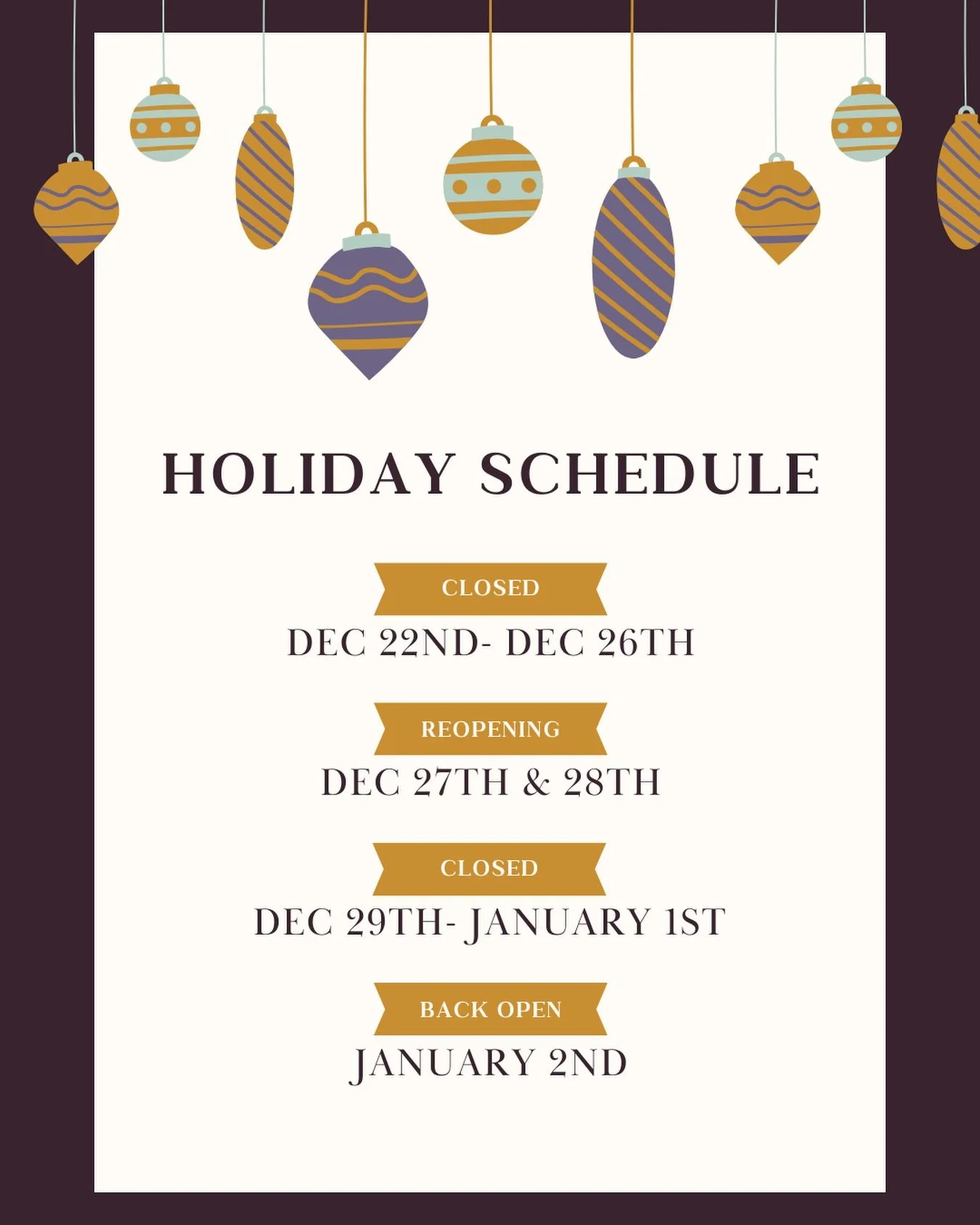 Here is our holiday schedule y&rsquo;all! 
Open this Wednesday-Sunday, with the 21st being our last day open before Xmas. 
Then we will re-open on the 27th &amp; 28th for anyone who might need herbs post Xmas and close again for new year festivities,
