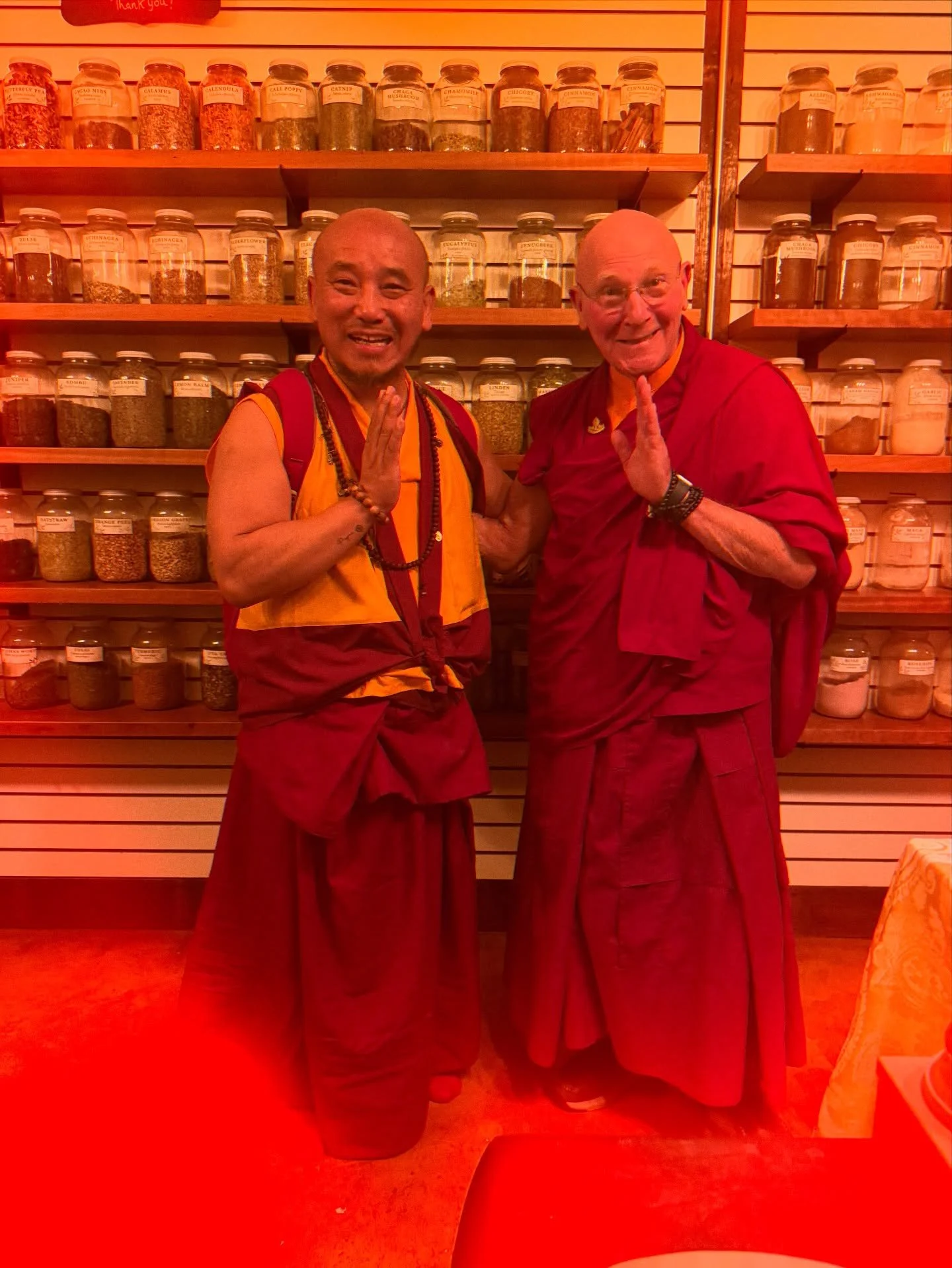 We were so lucky to have a special visit from Khenpo Tenkyong and Lama Losang, who brought many blessings to the herb shop which I know will be felt by all those whom we serve in our community.
This afternoon, Khenpo ten will offer a Medicine Buddha 