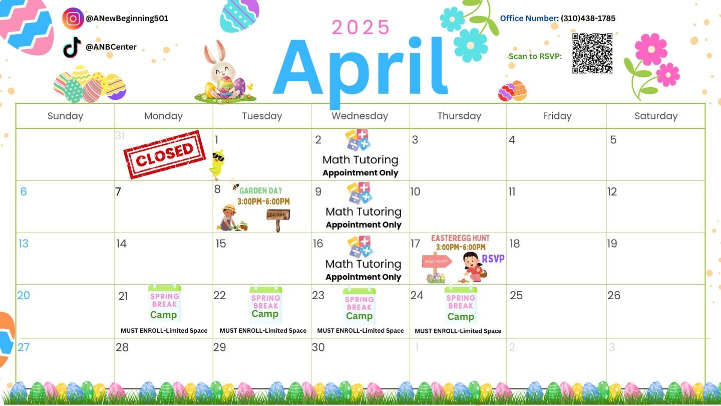 Our April Calendar is here!!! 🐣🪺
We hope you can make our events! 

April 8th- Garden Day🪴 
April 17th- Easter Egg Hunt 🐇🪺 MUST RSVP 🔗

ALL RSVP links are located in our bio 🔗

April 21st - 24th Spring Break Camp  Activities 🏕️ 
MUST ENROLL &