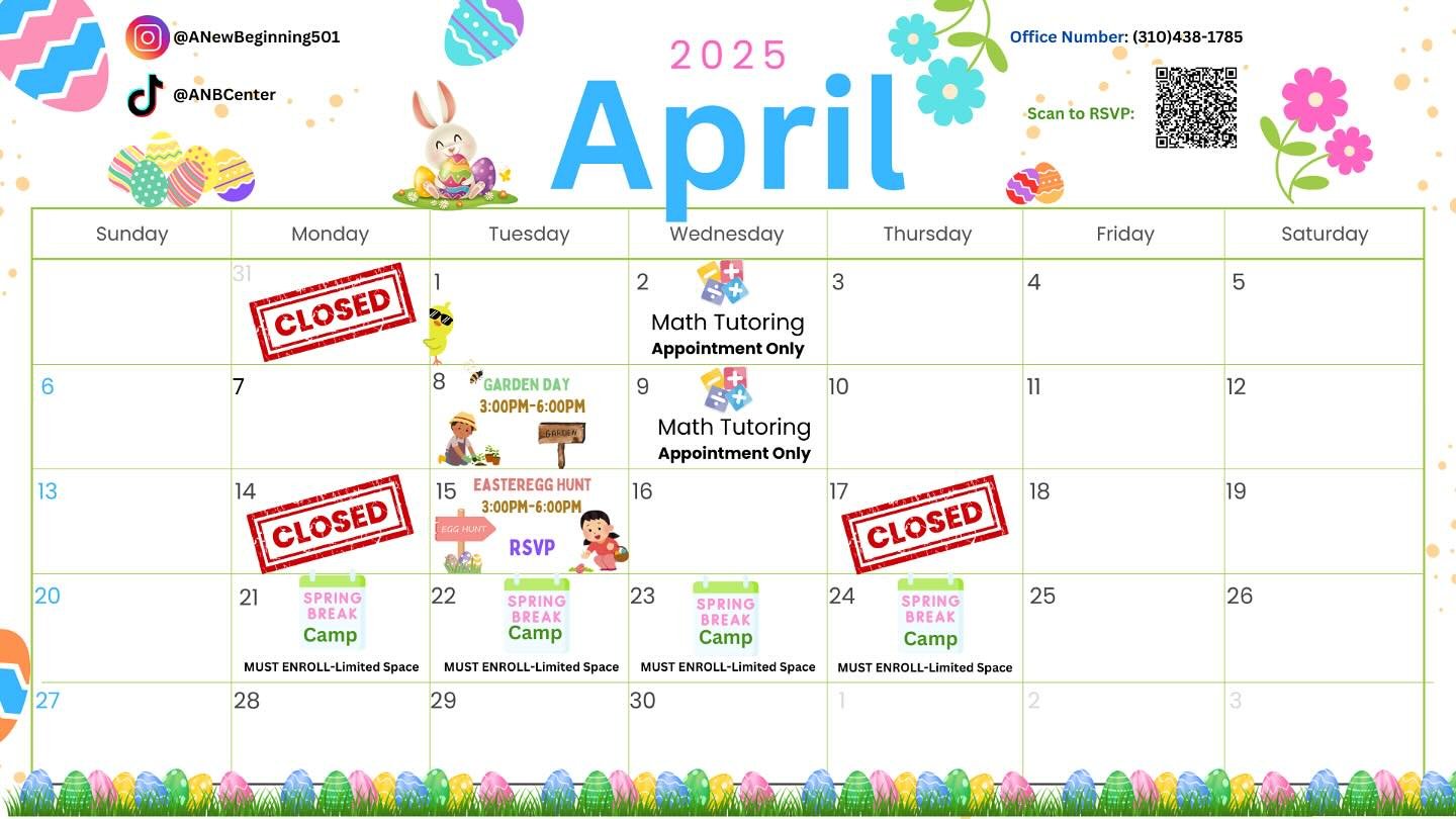 Our calendar has been updated for this month! Thank you! We apologize for any inconvenience. ✨
🏕️Spring Break Camp has been filled. Thank you to everyone for signing up! 
Thank you everyone! 🐣