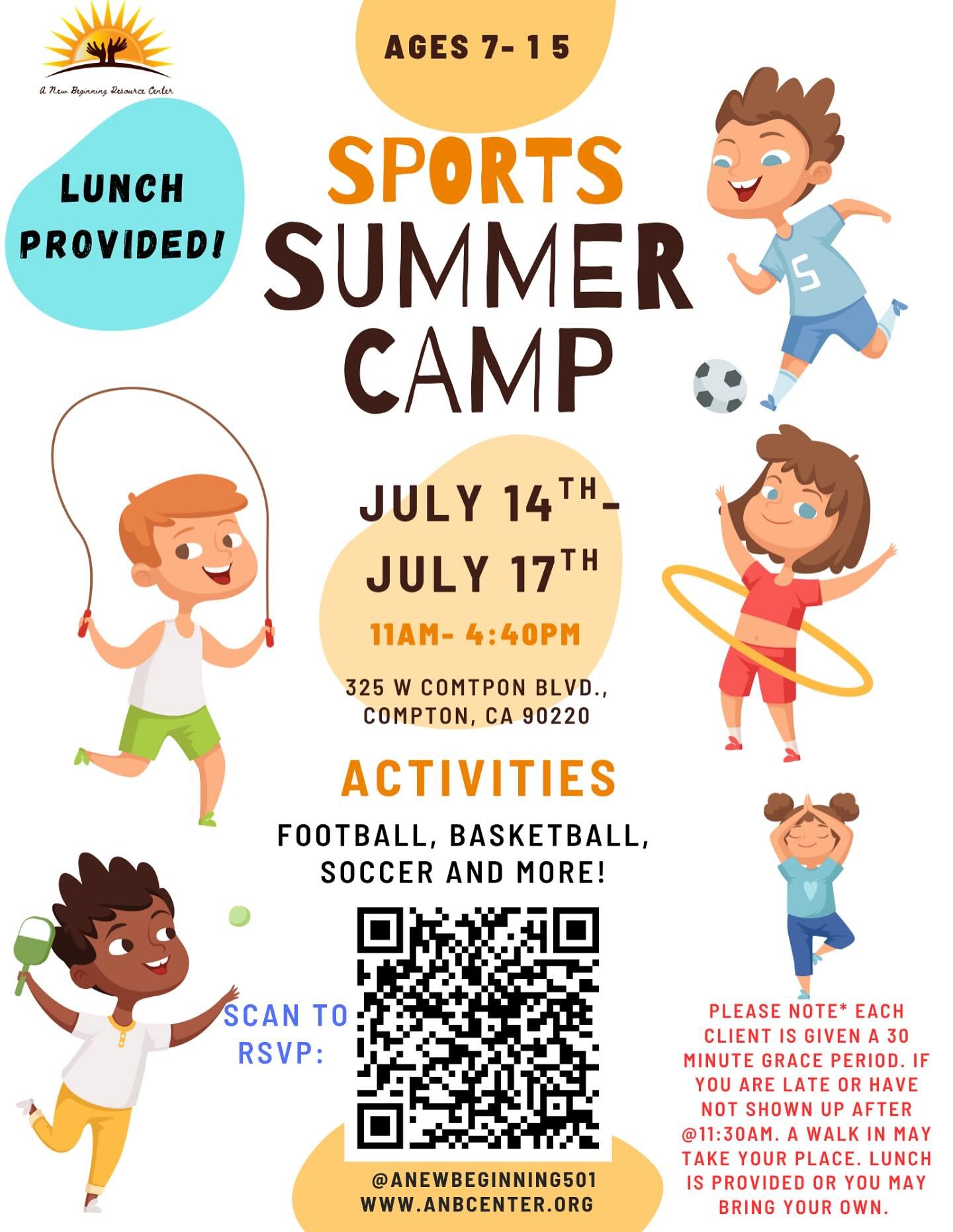 Sports Camp week is here! ⚽️ 🏀 🏈 
Monday, July 14th- Thursday, July 17th ✨ 
@11:00am- @4:40pm ⏰ 
MUST RSVP! LINK IN BIO 🔗

Lunch will be provided!!! 🥪🥙 or kids can bring their own! 🥗🥪

Have any questions or concerns?
You may give us a call at 