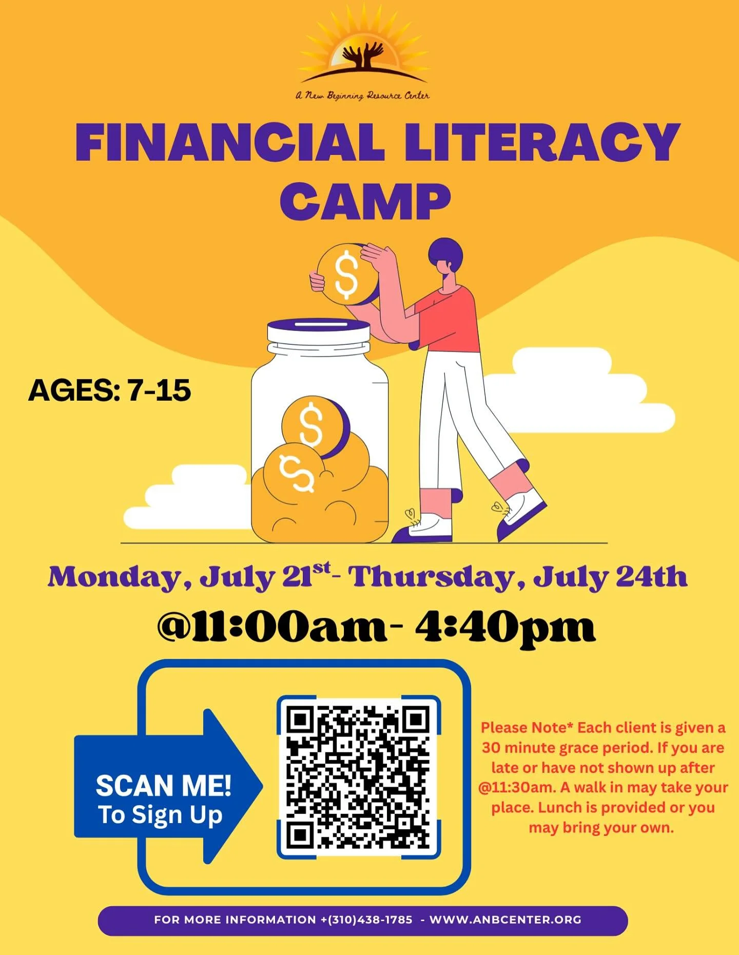 Financial Literacy Camp week is here! 💵 💰 
Monday, July 21st- Thursday, July 24th ✨ 
@11:00am- @4:40pm ⏰ 
MUST RSVP! LINK IN BIO 🔗

Lunch will be provided!!! 🥪🥙 or kids can bring their own! 🥗🥪

Have any questions or concerns?
You may give us a