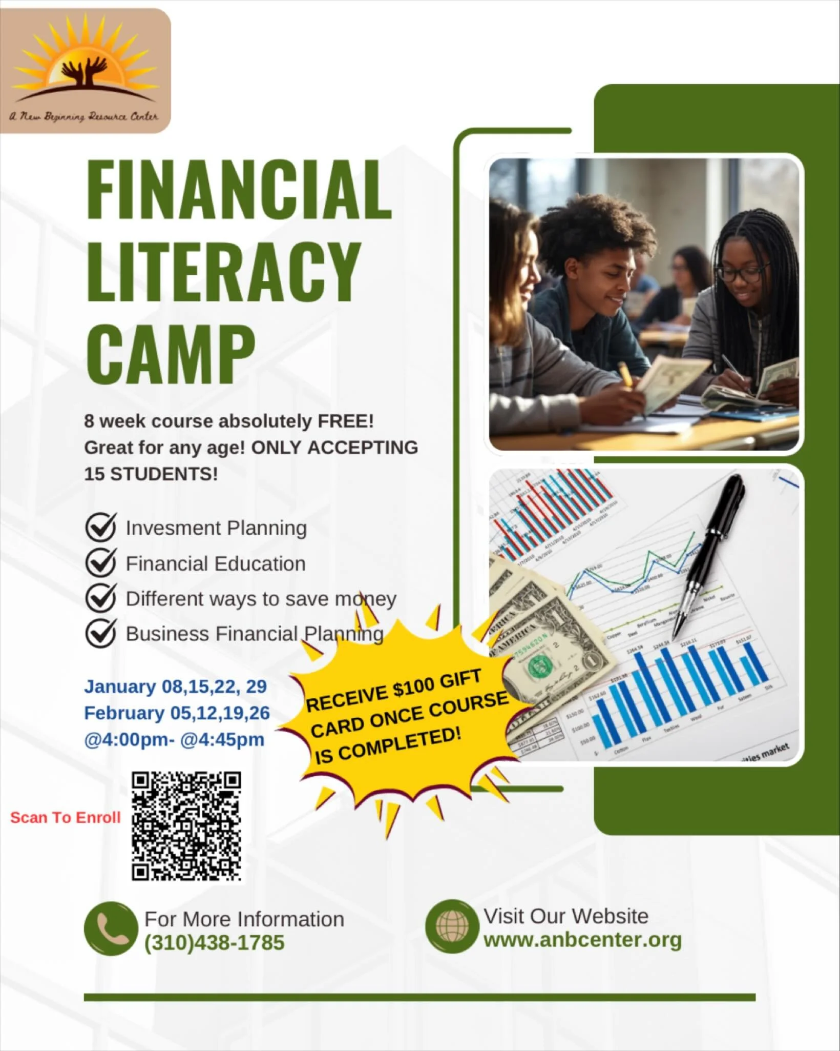📈 💵 Financial Literacy Camp! 📈 💵 

Sign up now! Link is in our bio! Complete the camp and received a $100 gift card! 
Only accepting 15 students! 
Learn different ways on how to deal with money. Absolutely FREE! Reserve your spots! 

📍325 W Comp