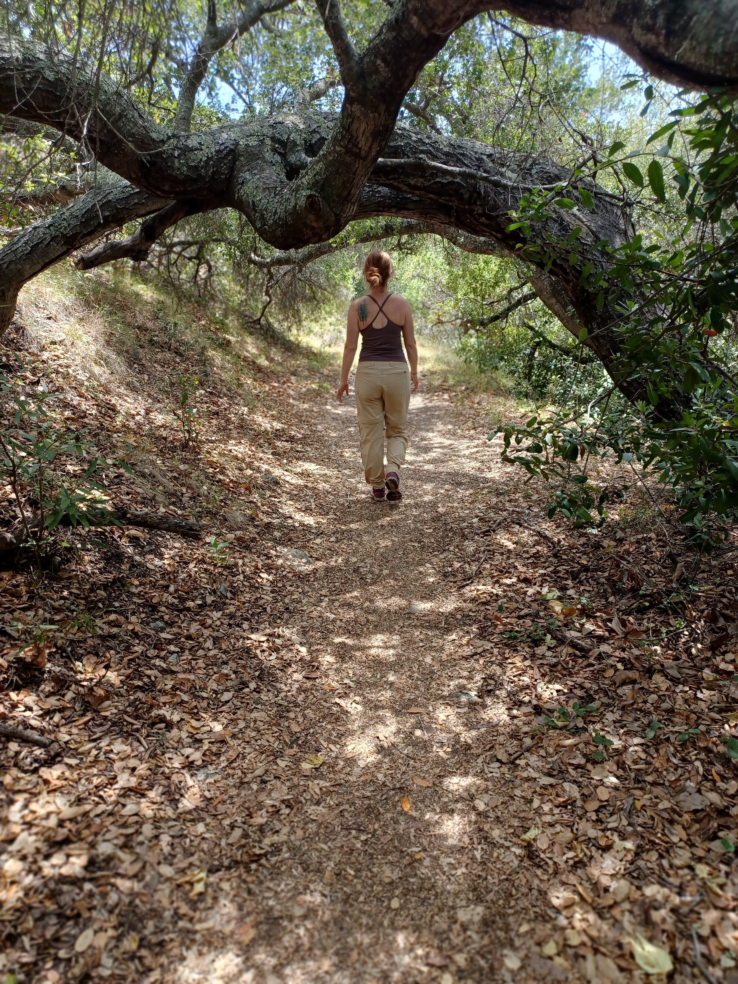 Midlife woman walking on a California trail as part of caring for herself through perimenopause