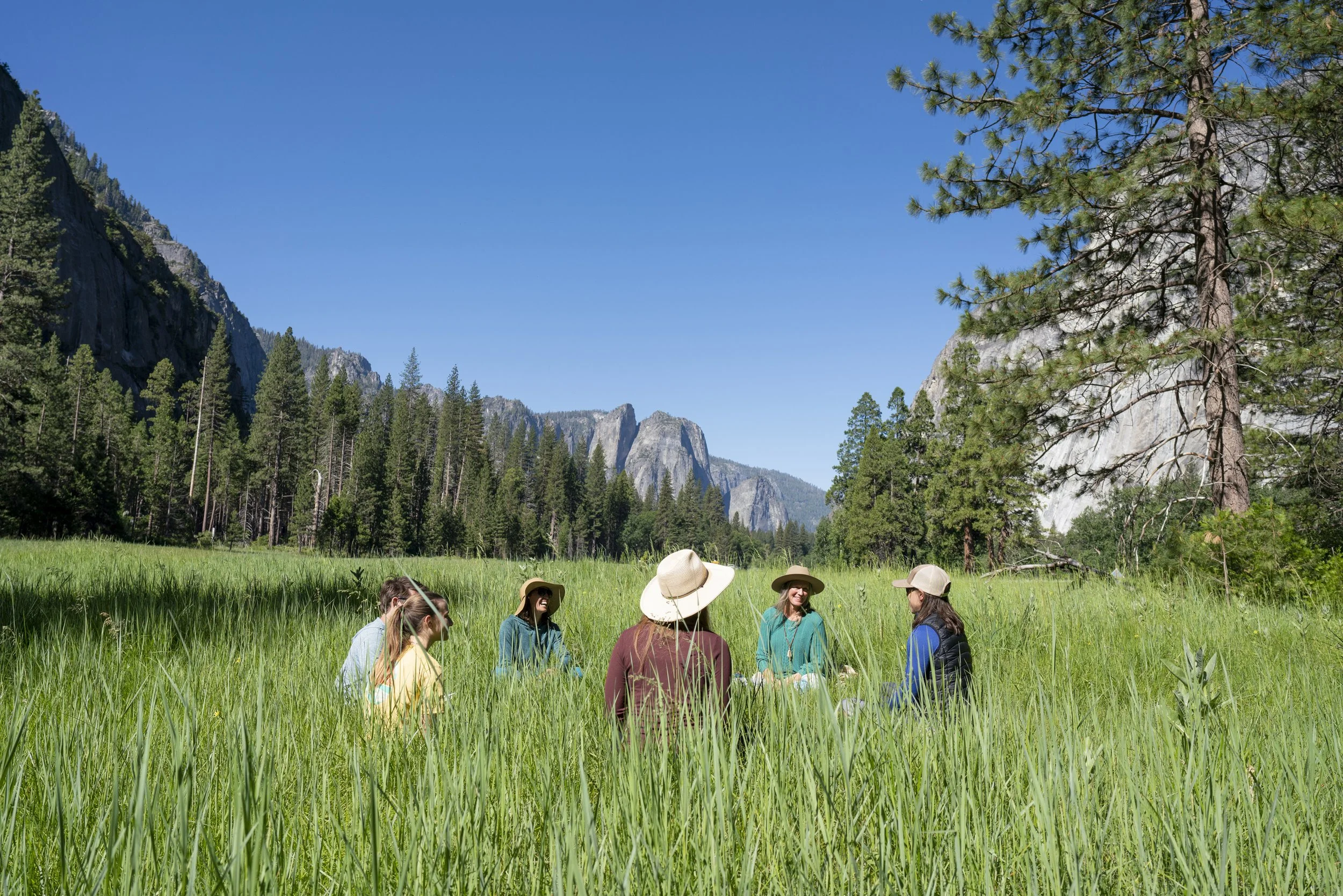 group gathered in yosemite, group share, wellness group