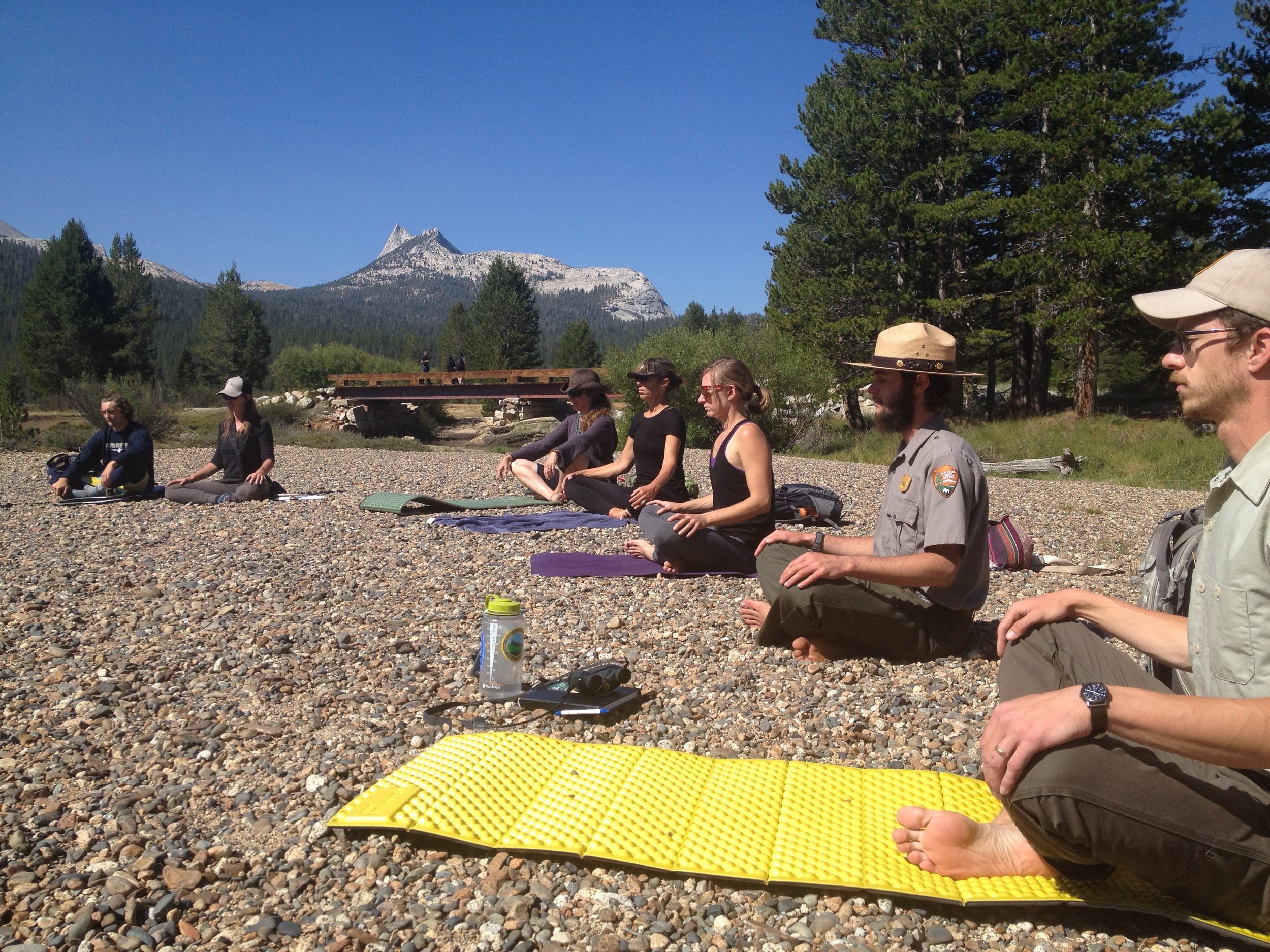 ranger yoga, people hiking and doing yoga in Yosemite National park