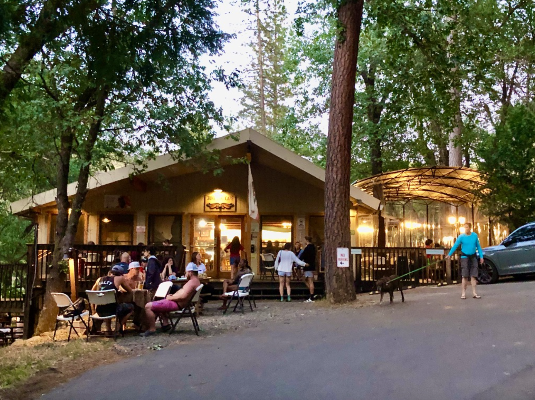 people gathered at mountain lodge near Yosemite National Park