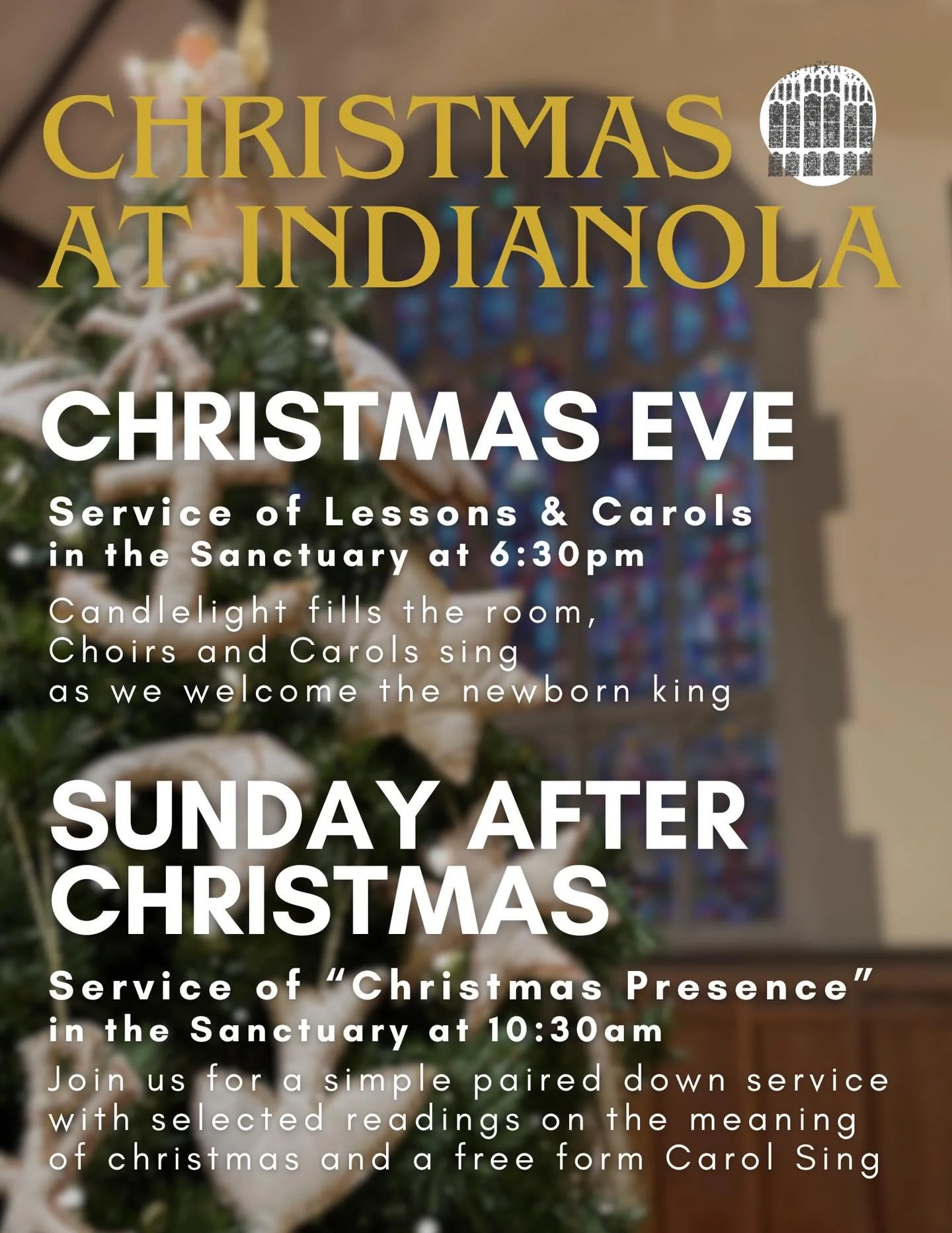 Join us Wednesday at 6:30pm for Christmas Eve Lessons and Carols at IPC!
Then come back Sunday at 10:30am for a Service of Christmas Presence, a simple and intimate worship service of curated readings to reflect on the meaning of christmas and carol 