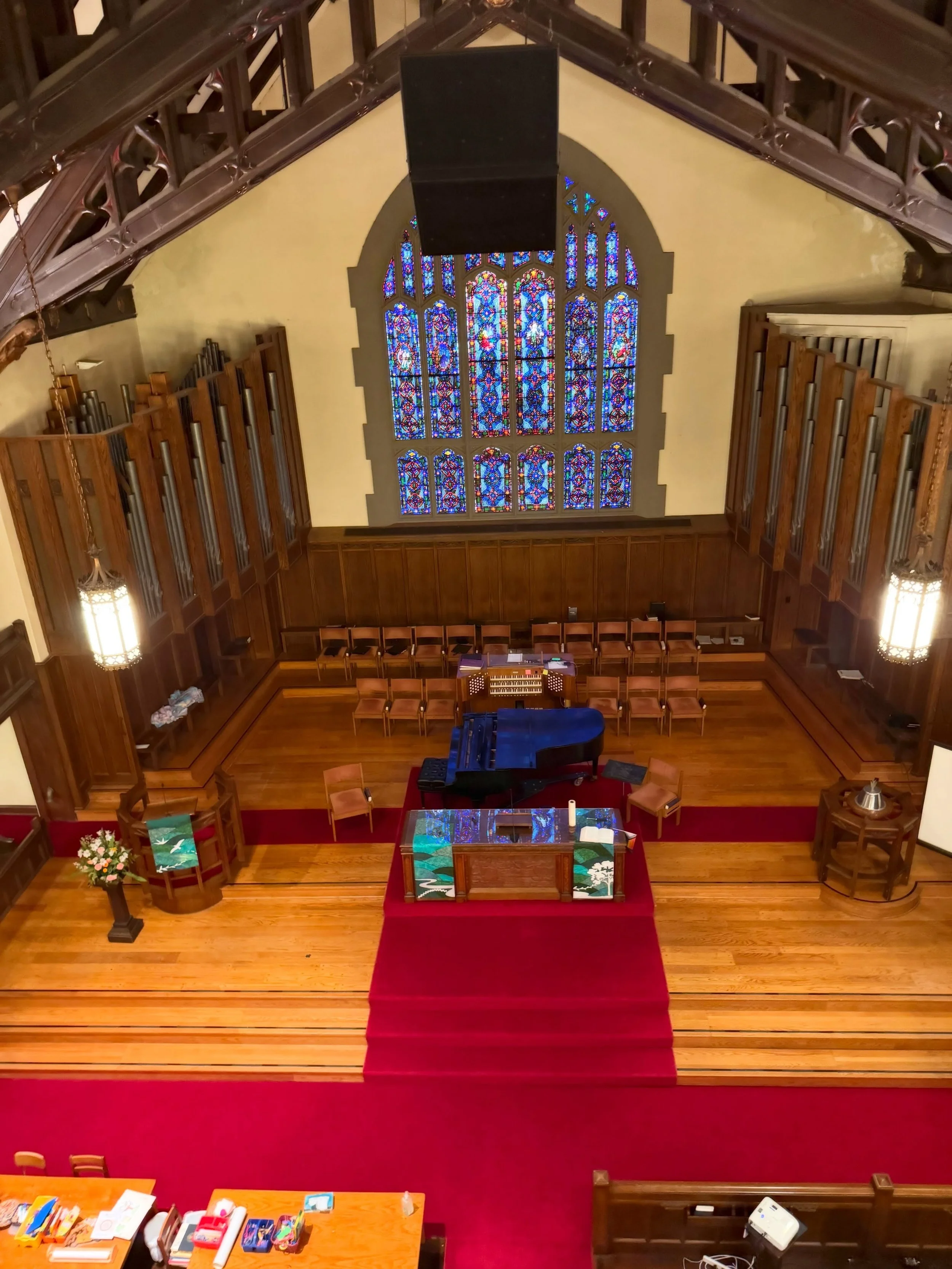 Here&rsquo;s a view of the chancel you&rsquo;ve probably never seen! Many thanks to the motley crew of volunteers who helped built the scaffolding to begin replacing the spotlights and lighting for the church. The scaffolding will be up for several w