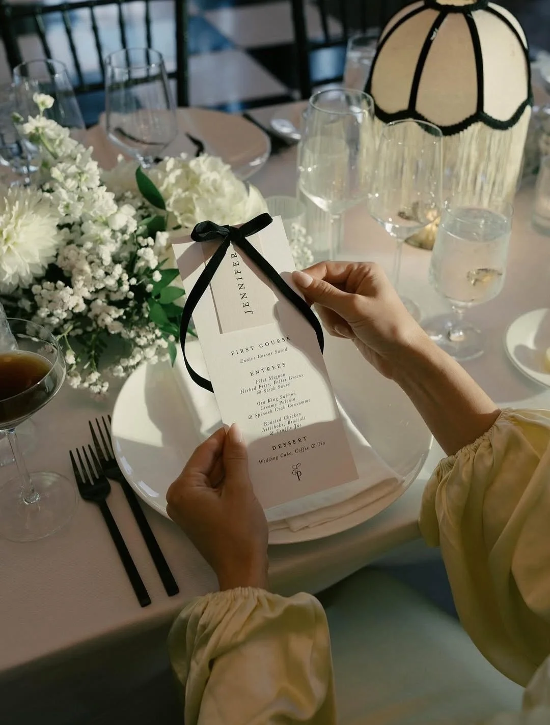𝓉𝒽𝑒 lamp and menu combo that stole the show 💫 

#wedding #bostonwedding #luxuryweddings #customwedding #weddingdesign 

Loved being a small part of the loveliest wedding day by @sarueeventdesign 
⠀⠀⠀⠀
Venue: @rafflesboston
Planner &amp; Designer: