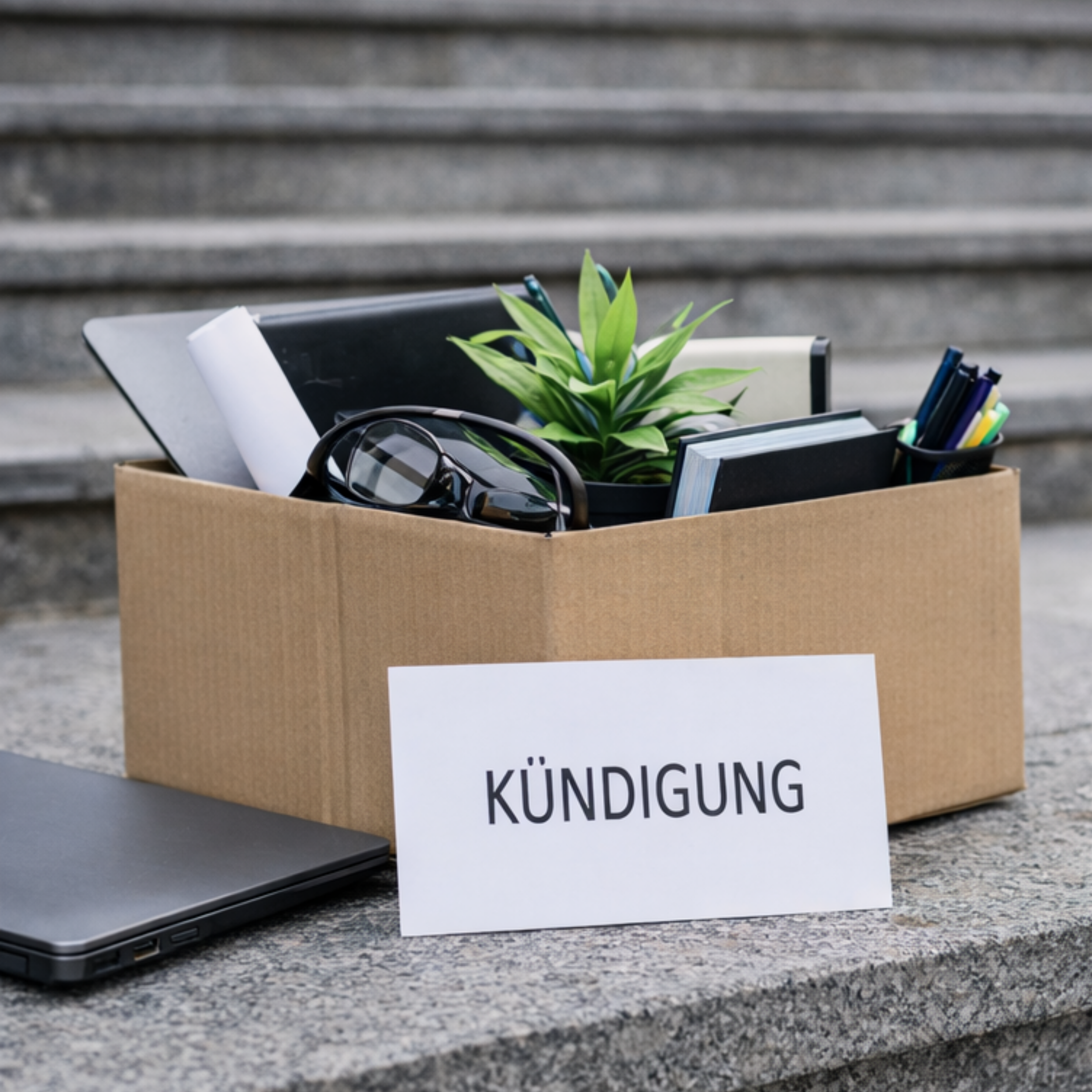Kündigungsschreiben neben gepackter Bürokiste und Laptop – Symbolbild für Arbeitslosigkeit und berufliche Neuorientierung von Akademikern.