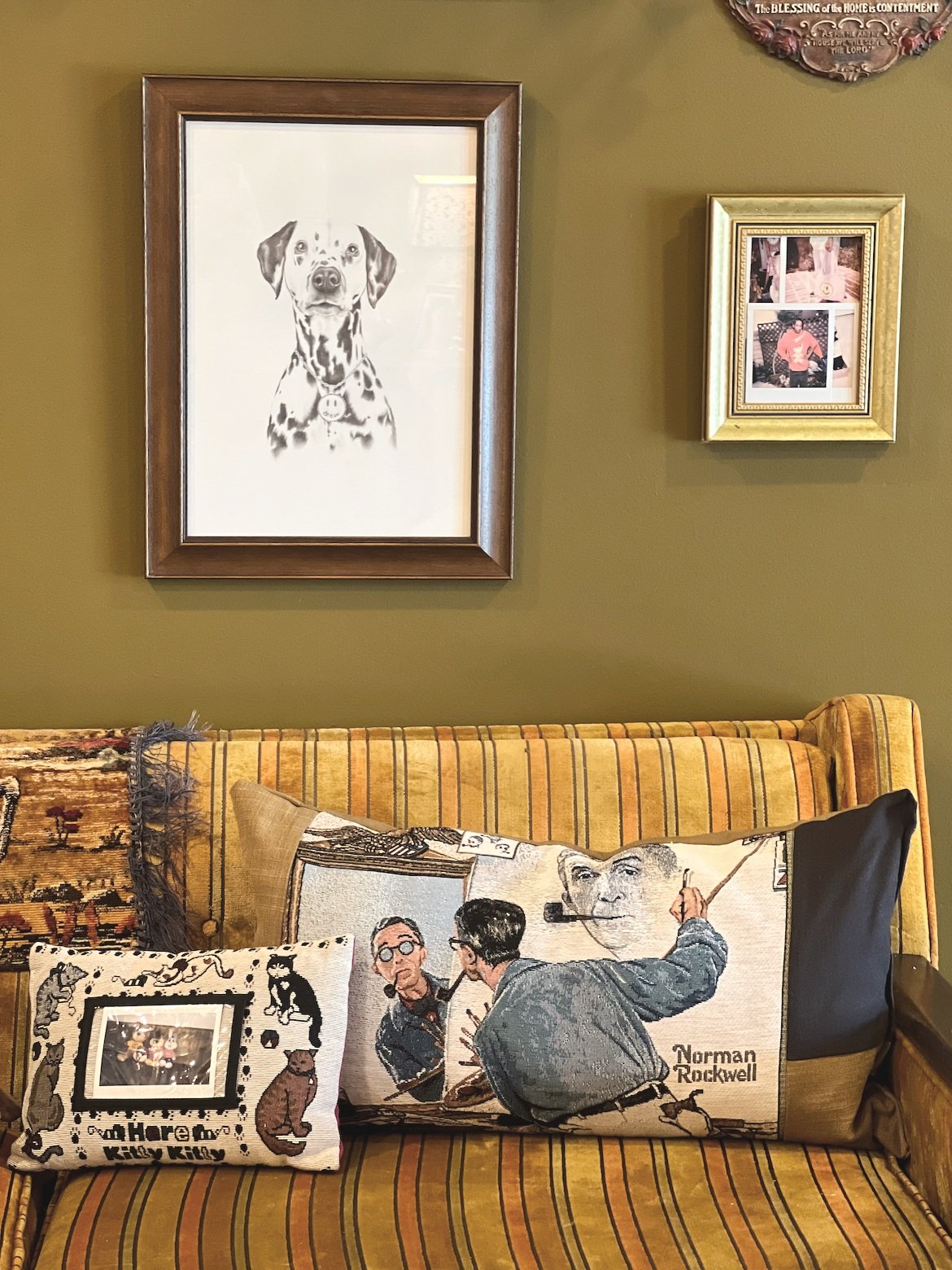 Norman Rockwell Patchwork Pillow sewn for Drew House x Francesca Grace Home