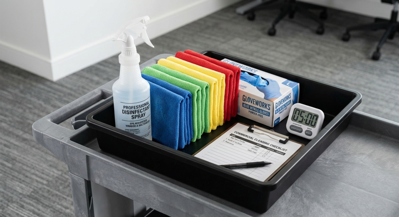 Professional commercial cleaning supplies — EPA-registered disinfectants and microfiber cloths for office janitorial service