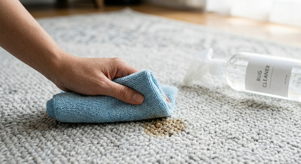 A close up of a rug being cleaned with a DIY enzyme cleaner and a microfiber cloth