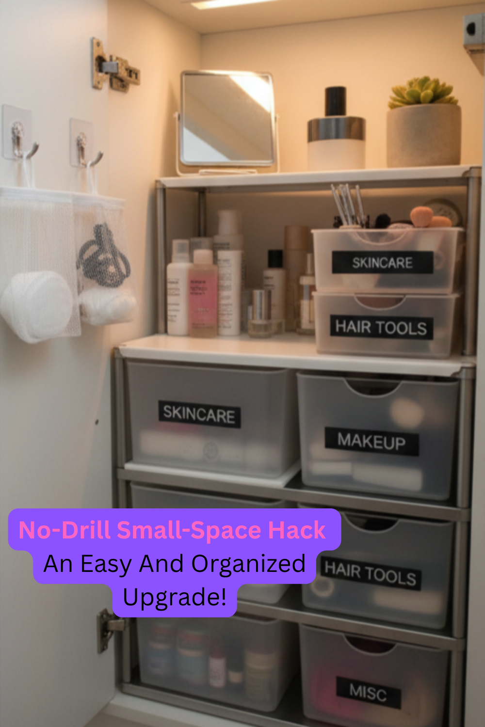 Free standing tiered drawers adhesive hooks and open bins. Zero drilling big upgrade vanity organization.