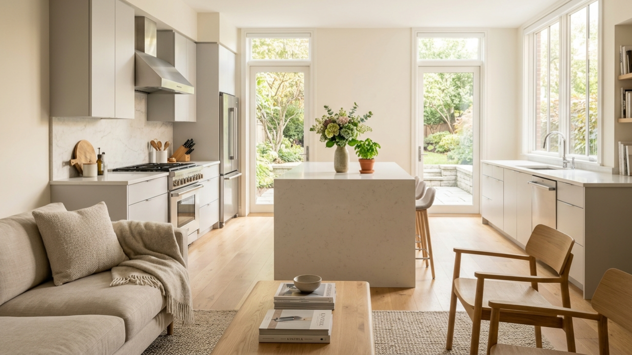 A beautiful, modern, and clean kitchen and living room area