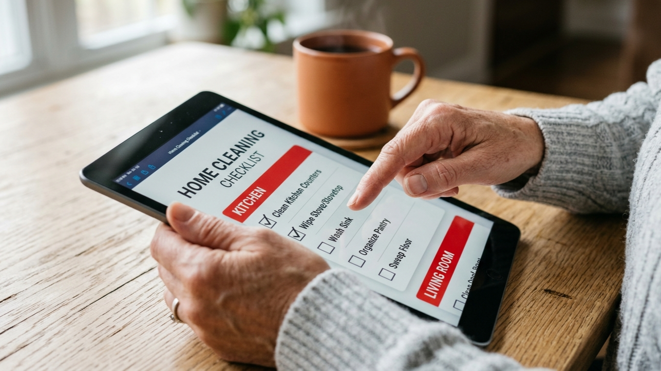 A close-up of the tablet and a person checking off boxes on the cleaning checklist