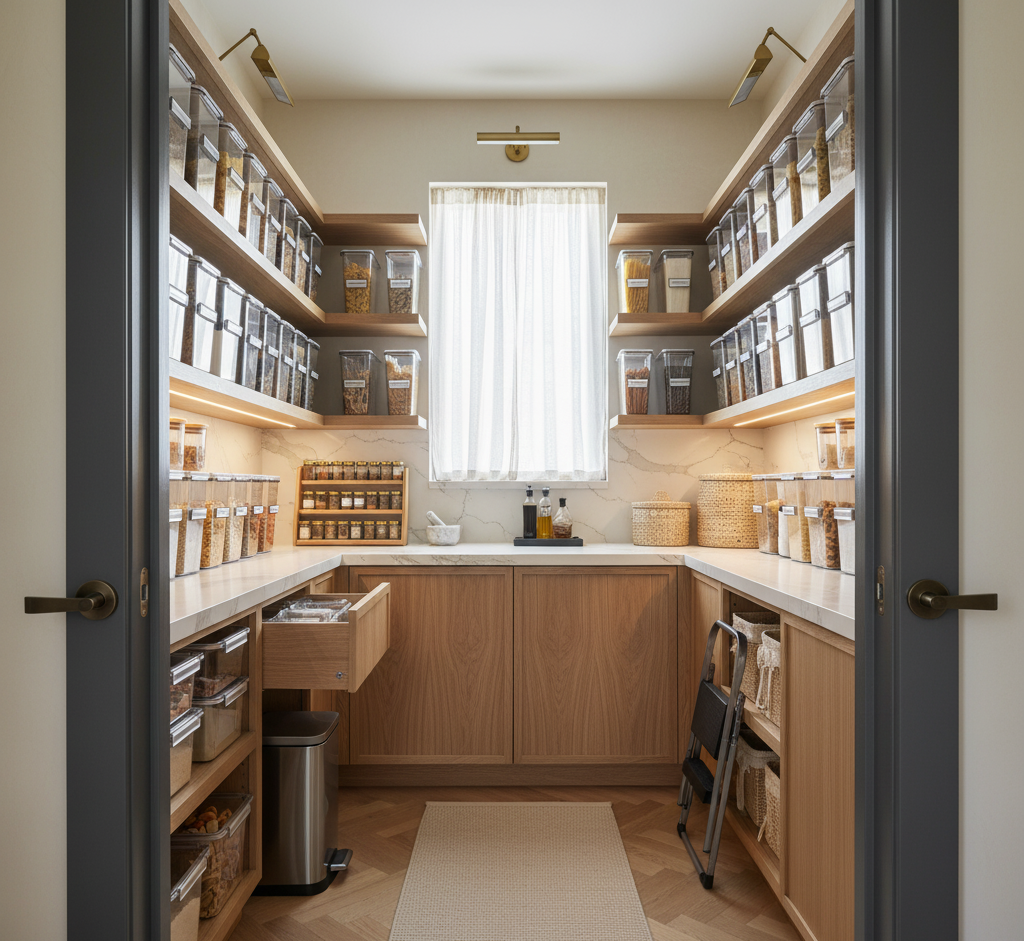 Beautiful modern pantry with clear plastic bins to organize the pantry, each bin has its own label. Home organization.