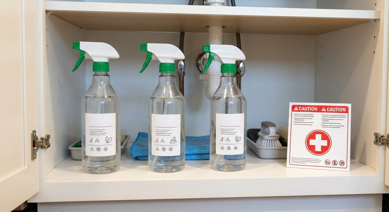 A clearly organized under sink cabinet shelf with a few labeled spray bottles spaced apart and a small first aid style caution card propped against the wall