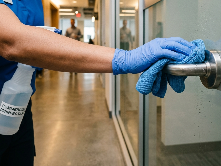 Janitorial worker disinfecting high-touch office door handle — commercial cleaning Buffalo NY