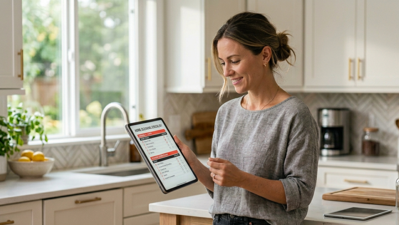 A woman standing in a modern kitchen using cleaning routine template on her tablet