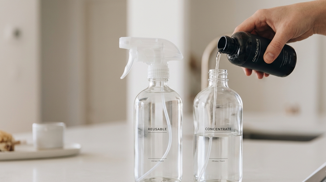 A close up of someone pouring concentrated all purpose cleaner into refillable bottles