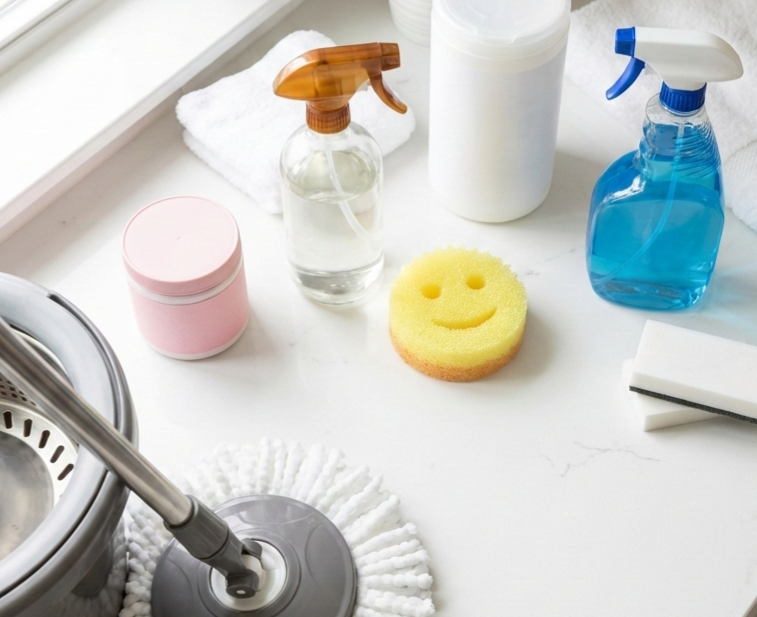 Image shows cleaning products. Sponges, spray bottles, mops, wipes, and more.