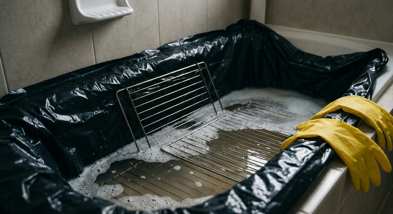 Oven racks soaking in a bathtub lined with a heavy duty trash bag