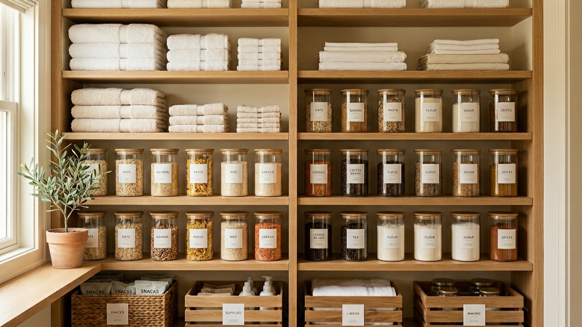 An organized and clean pantry/linen closet