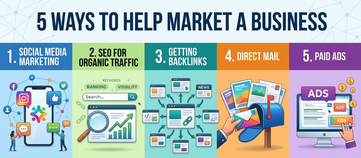 Image shows five graphics based on the webpage "Ways to market your small business" 1. Social media marketing, 2. SEO for organic traffic, 3. getting backlinks to your website, 4. direct mail, 5. paid ads.