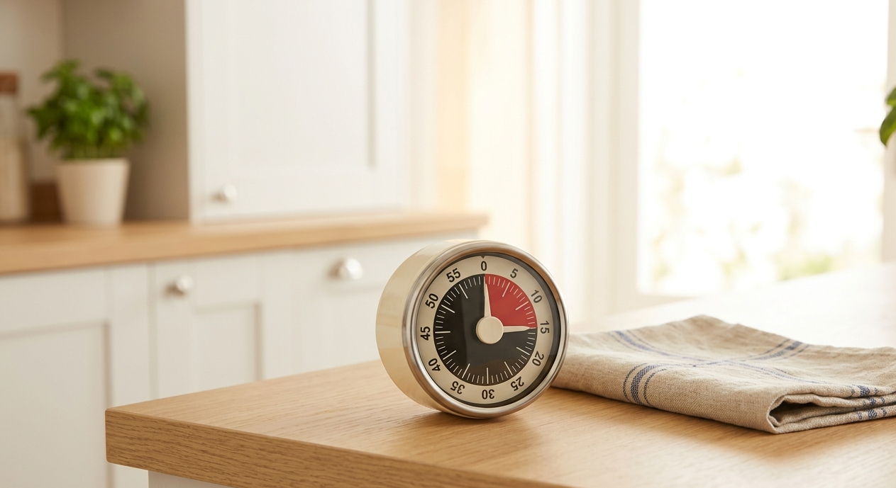 A kitchen timer set to 15 minutes sitting on a clean tidy kitchen counter