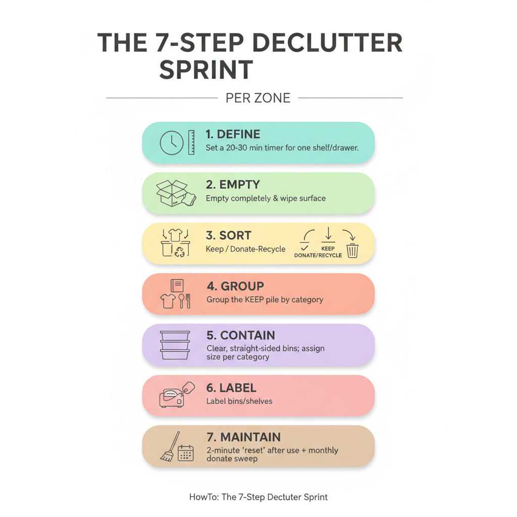 An infographic showing the seven step declutter Sprint (per zone). Home organizing guide 7 step plan. 1 (define) 2 (empty) 3 (sort) 4 (group) 5 (contain) 6 (label) 7 (Maintain)