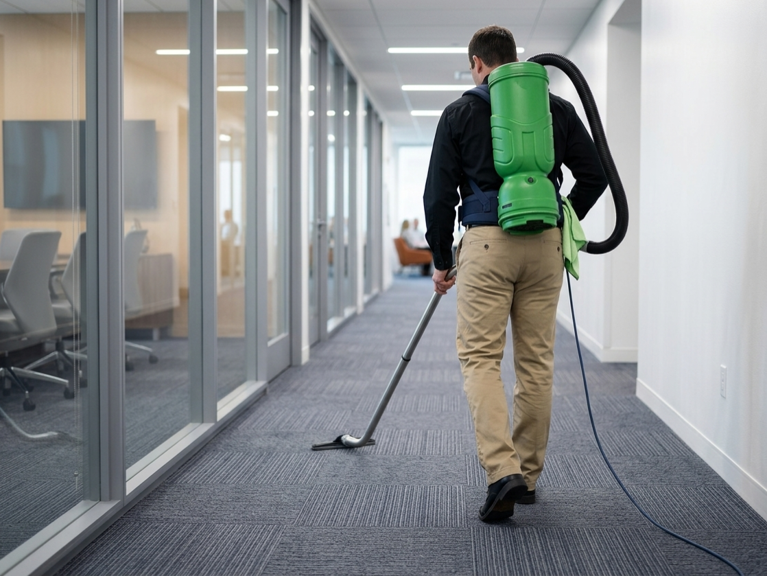professional janitor wearing commercial backpack vacuum office hallway
