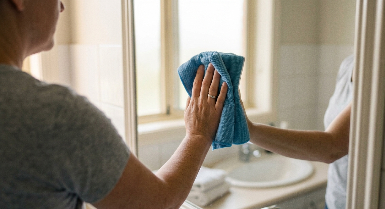 Using a DIY Glass Cleaner a woman wipes a bathroom mirror