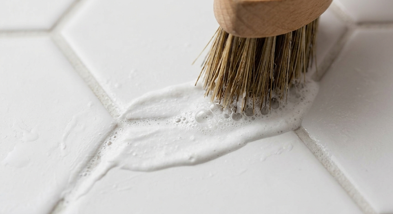 A baking soda paste being used to clean grout