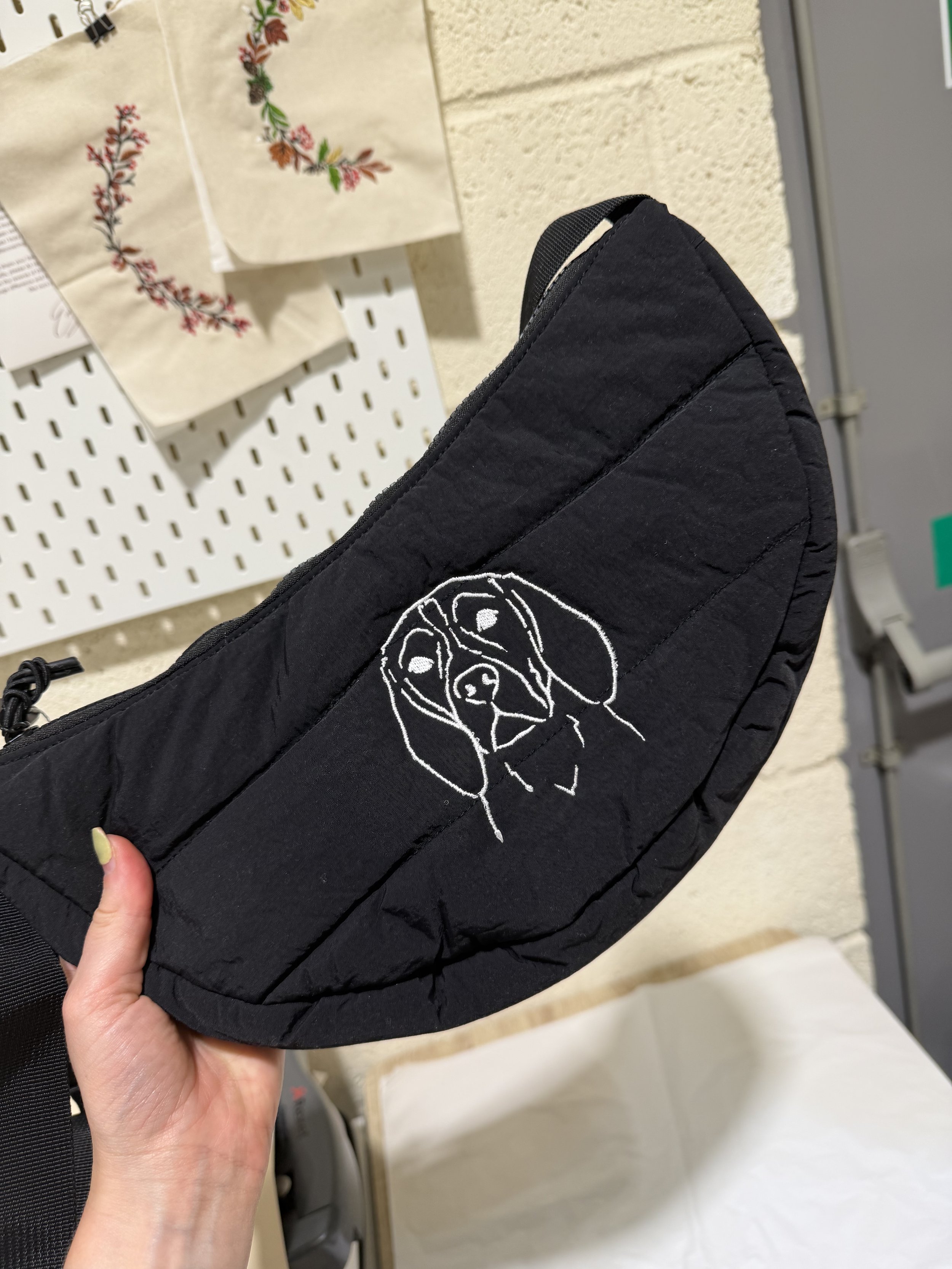 Embroidered Line Drawing Quilted Sling Bag
