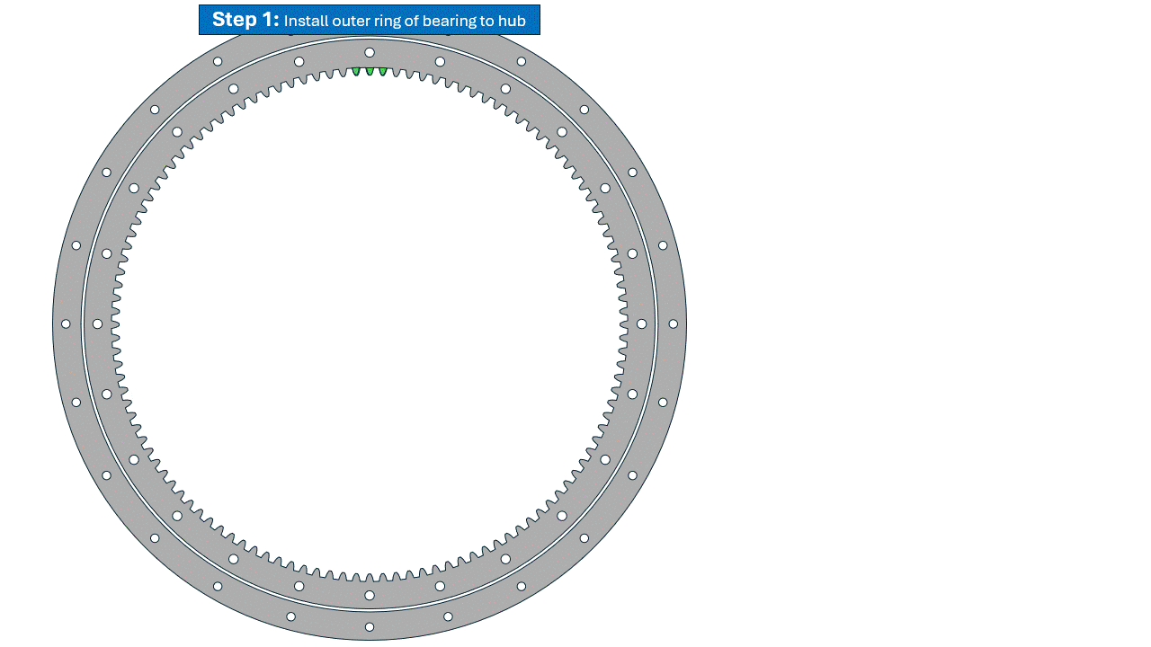 animation showing generic steps of installing blade bearing to hub and setting backlash