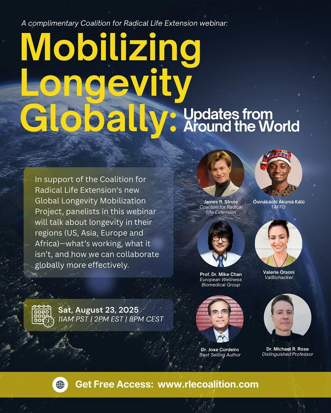In support of our new Global Longevity Mobilization Project, we are hosting our first webinar focused on updates from around world. 

With 4 regions represented, we look forward to a dynamic discussion on what&rsquo;s working, what isn&rsquo;t and ho